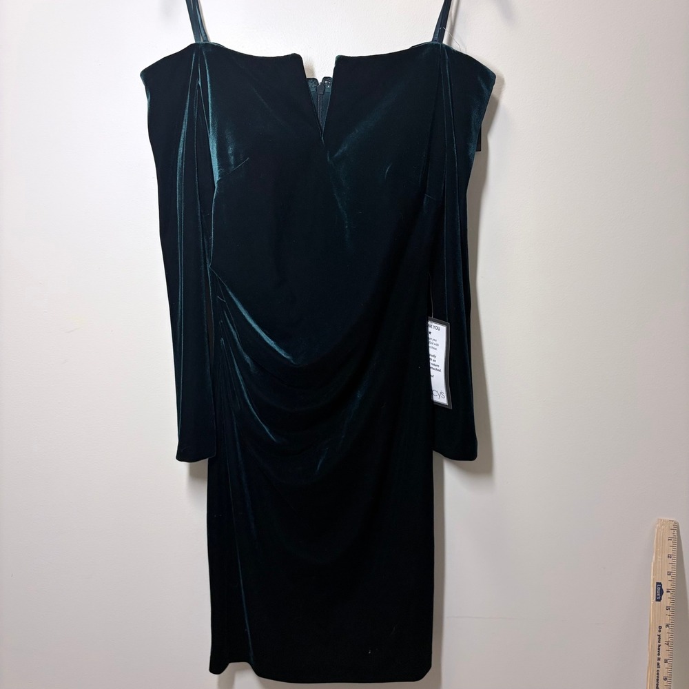 X by Xscape Hunter Green Velvet Off Shoulder Ruched Cocktail Dress Size 14 NEW